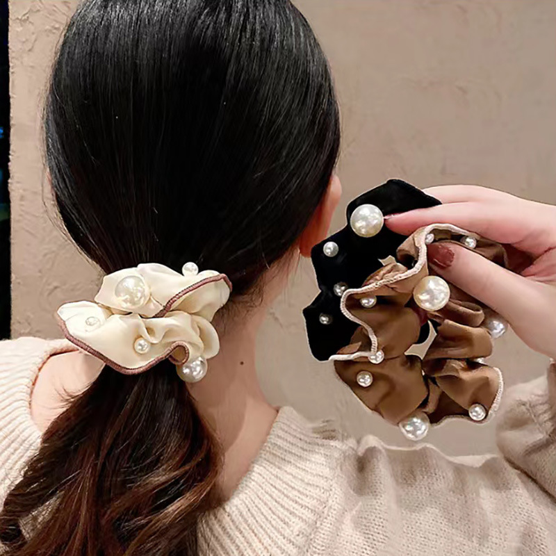 New Milk Coffee Color Pearl Large Intestine Hair Ring Korean Style Solid Color Satin Adult Temperament Intestine Ring High-Grade Hair Accessories for Women