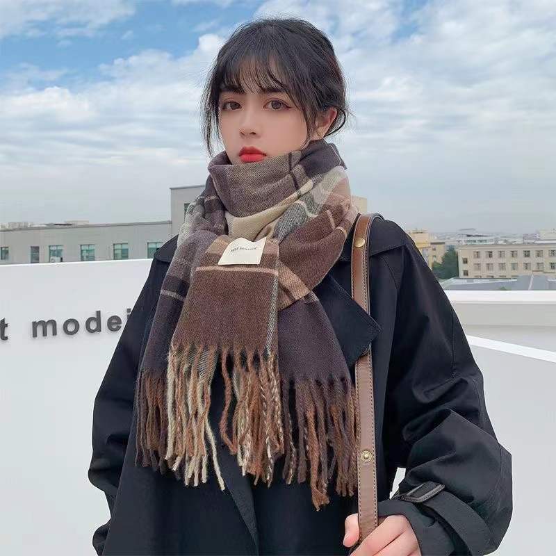 2023 New Scarf Women's Autumn and Winter Korean Style Versatile Lattice Thickened Student Couple Scarf Men's Cashmere-like Warm