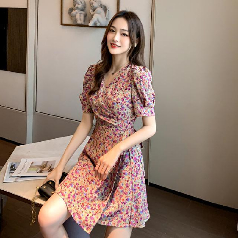 Dress Spring and Summer New 2022 Korean Style Super Fairy Waist Trimming Floral A- line Dress Ins Korean Women's Clothing Anti-Aging Dress