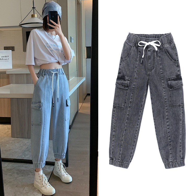 工装牛仔裤女2022新款松紧高腰抽绳显瘦小个子束脚哈伦裤老爹裤子