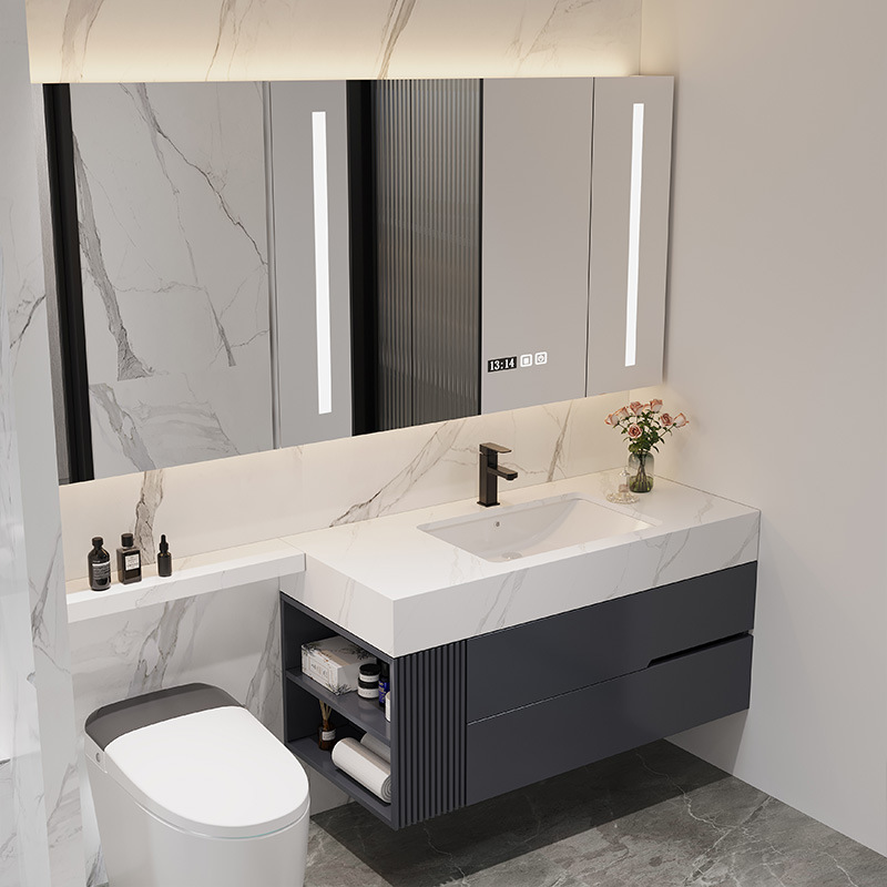 现代简约岩板浴室柜组合卫生间洗漱台延长马桶洗脸洗手盆实木卫浴