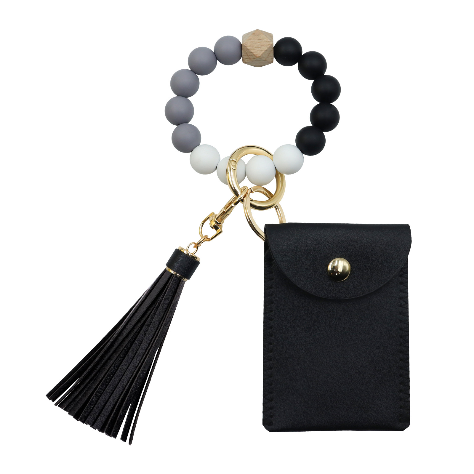 European and American Silicone Beaded Tassel Card Bag Spring Coil Keychain Leather Tassel Coin Purse Silicone Bracelet Key Ring
