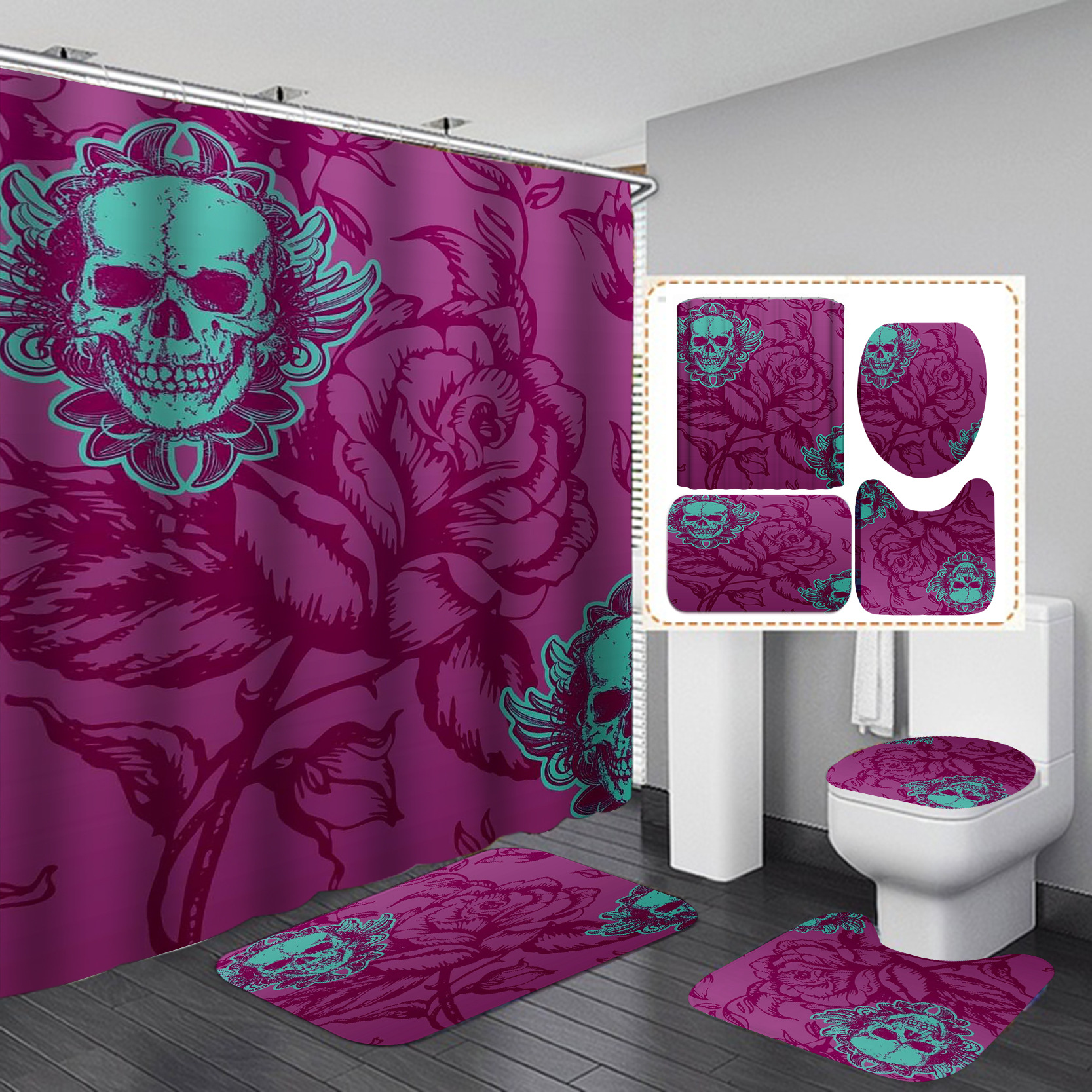 Amazon HD Digital Printing Shower Curtain Set Skull Waterproof Punch-Free Partition Curtain Hotel Rain Curtain