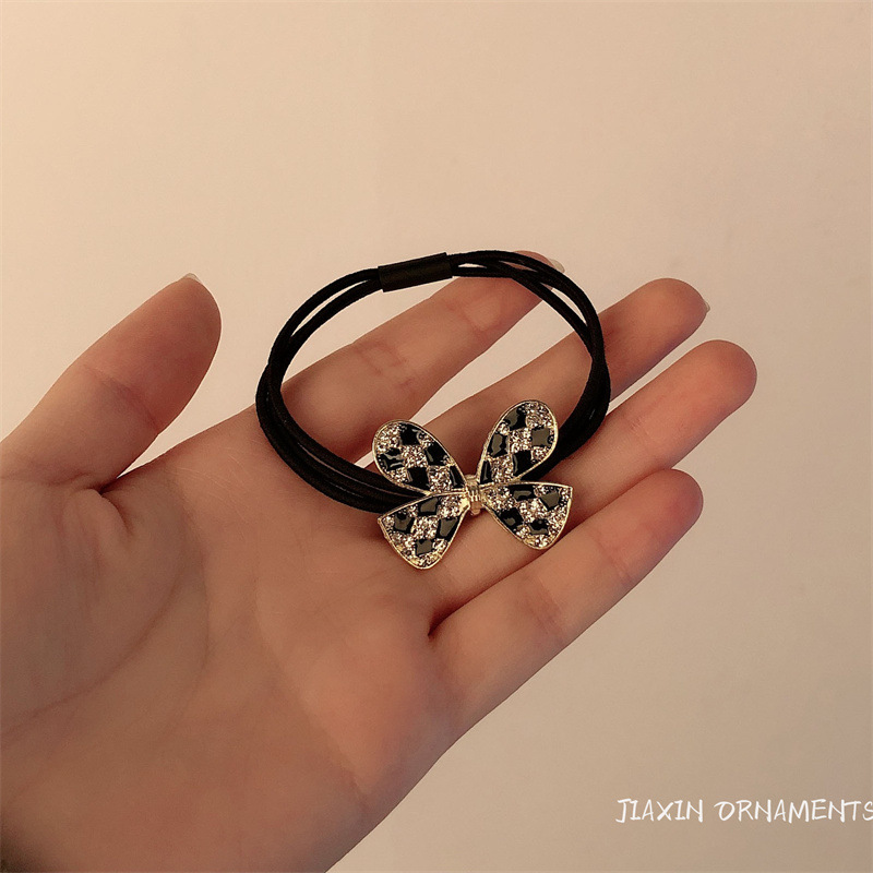 Alloy Bow Rubber Band Hair Band Autumn and Winter Girl Versatile High Ponytail Black Crystal Bow Hair Rope Hair Accessories