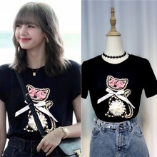 lisa明星同款重工艺猫咪图案时尚T恤夏洋气短袖上衣服欧货镶钻女