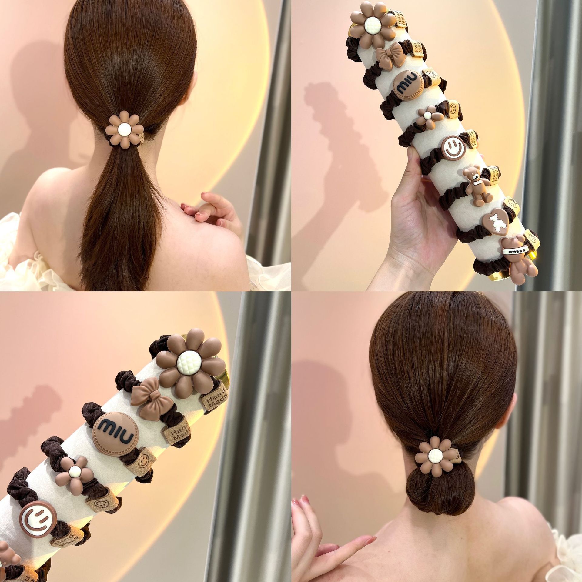 South Korea Milk Brown Cartoon Hair Ring 8-Piece Set Bear Flower Sausage Ring High Elasticity Rubber Headband Head Rope Bun Headband