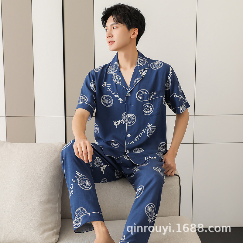 男式春秋款薄款绵绸套装睡衣男士秋春秋款夏季棉绸短袖家居服男款