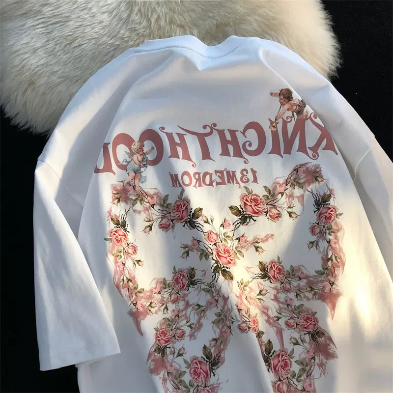 Jew4room甜美设计感玫瑰蝴蝶结情侣装短袖t恤男 茶里茶气上衣显瘦