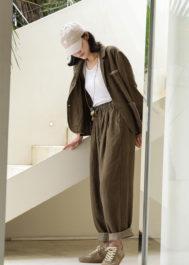 2021秋季文艺复古棕色宽松亚麻灯笼裤中腰松紧腰显瘦撞色贴边长裤