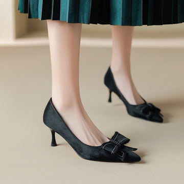成都女鞋春秋季新款鞋子尖头细高跟鞋蝴蝶结马毛优雅名媛正装单鞋