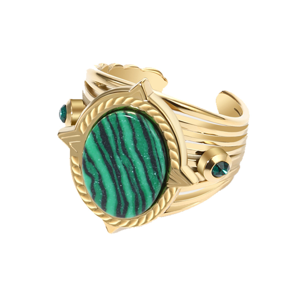 23 French New 18K Real Gold Non-Fading Stainless Steel Ring Inlaid with Peacock Green Ring Hand Jewelry