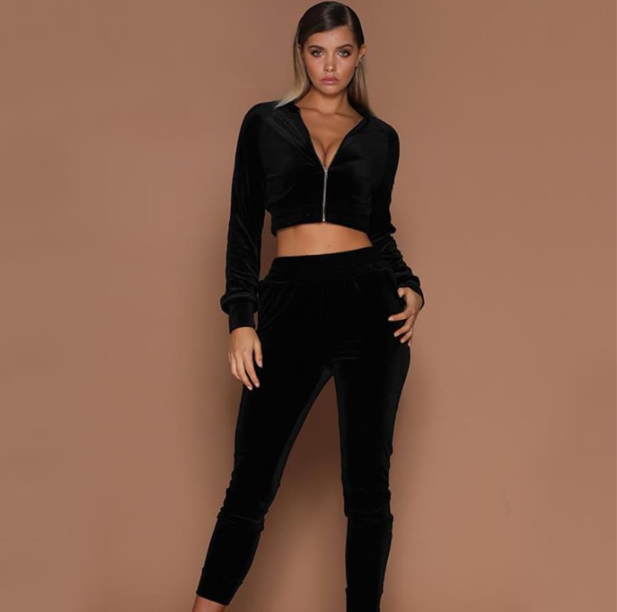 Cross-Border European and American Foreign Trade Women's Clothing Gold Velvet Leisure Sports Solid Color Hoodie Suit Zipper Navel Two-Piece Suit for Women
