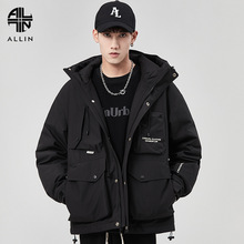 ALLIN 黑色连帽羽绒服男款冬季鸭绒美式潮牌加厚保暖情侣工装外套