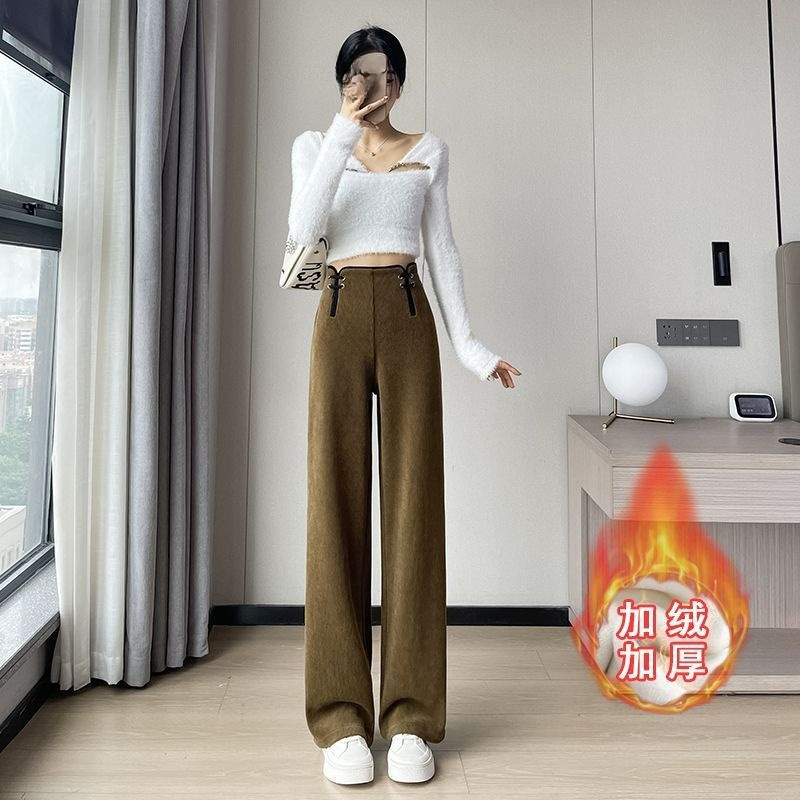 Narrow Wide-Leg Pants for Women 2023 Autumn and Winter New Fleece-Lined New Chinese Style Buckle High Waist Drooping Casual European Pants