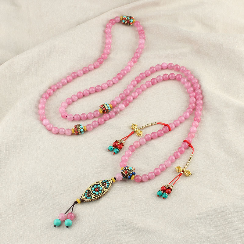 Long National Style New Chinese Style Oblique Broken Chain Powder Stone Handmade Beaded Back Necklace Multi-Purpose Ethnic Style Clothes Lanyard