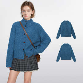 复古蓝色高领针织毛衣开衫女秋冬季宽松慵懒加厚外套