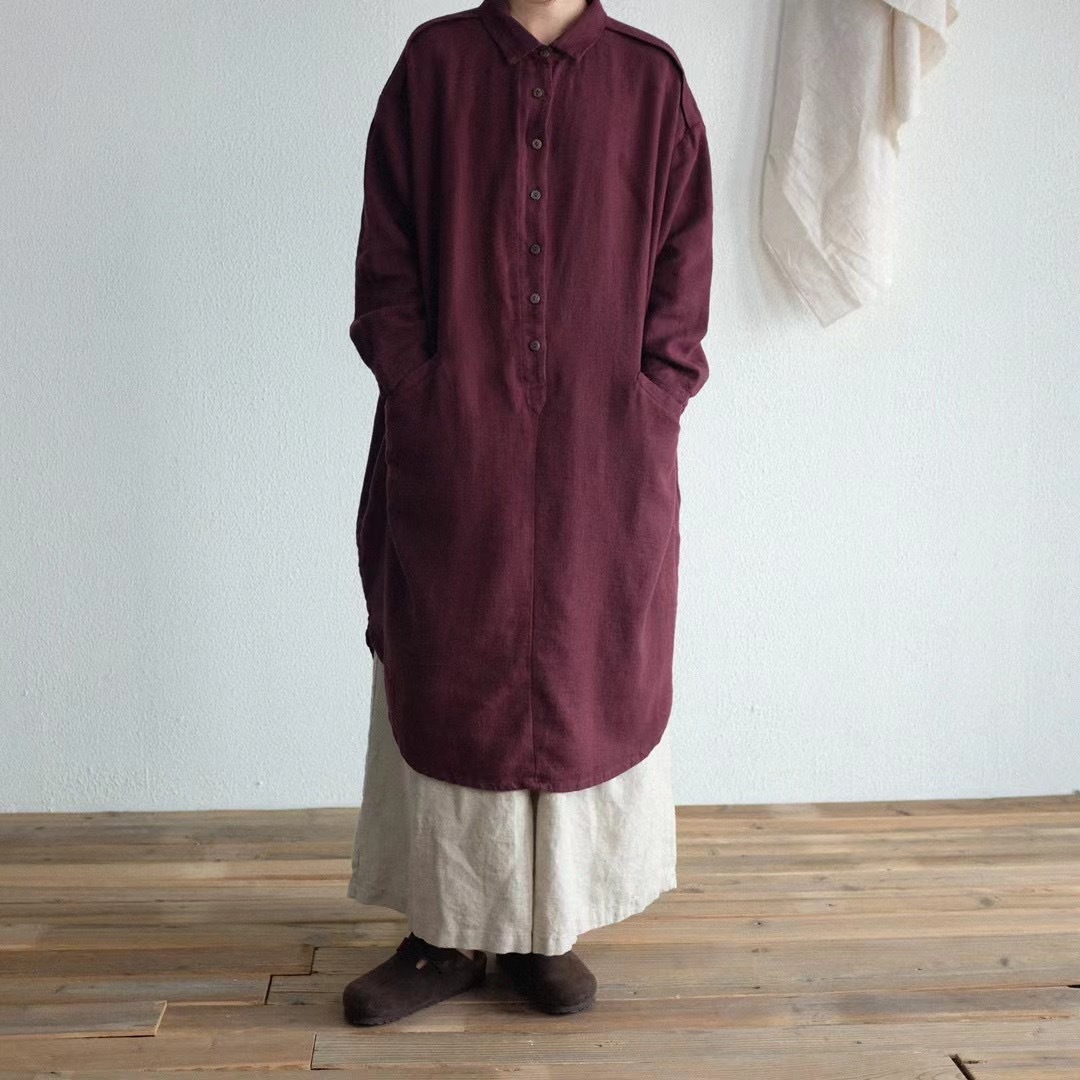 原宿简约布衣风格春装新款经典纯色休闲百搭宽松亚麻长款衬衫女