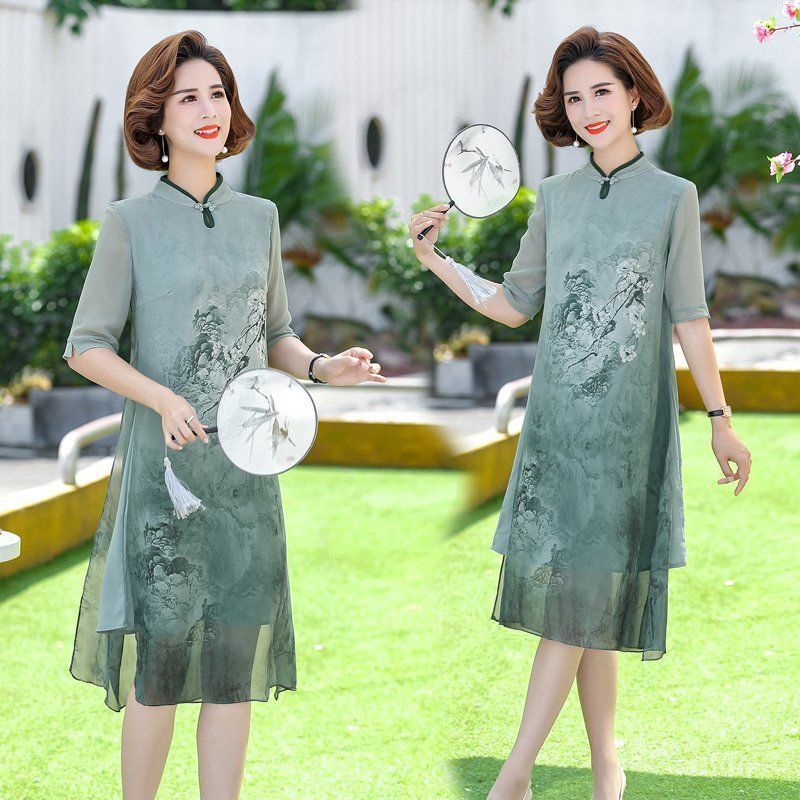 2023 Summer New Printed Half Sleeve Commuter Mom Mid-Length Modified Summer Cheongsam Dress for Women