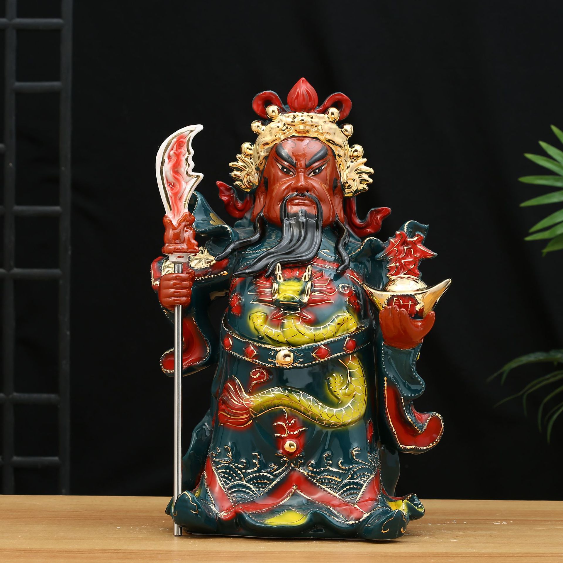 陶瓷立刀关公绿衣红衣五彩武财神