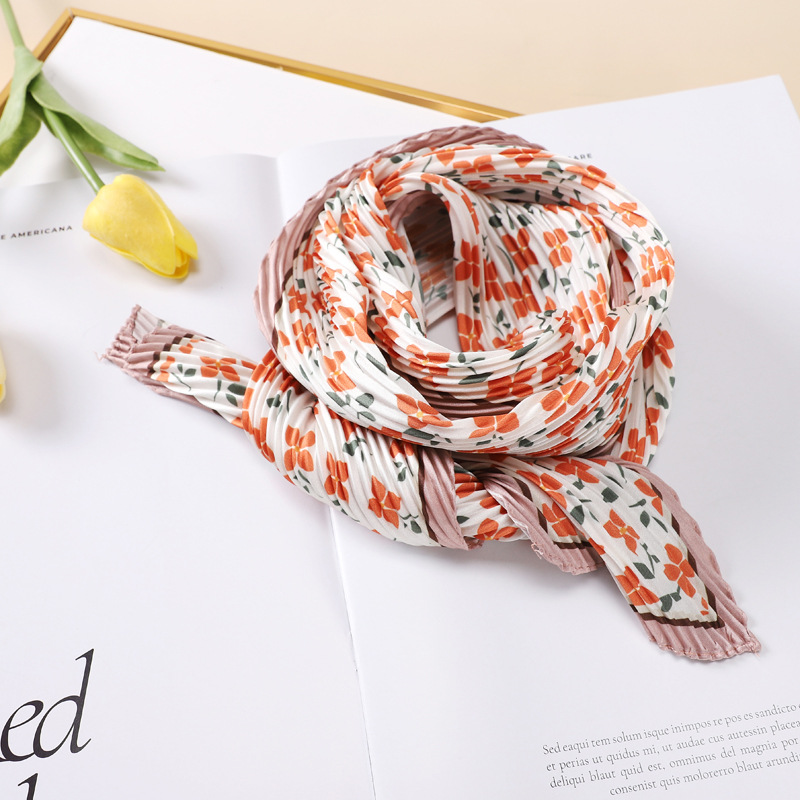 Spring 2022 Korean Style Crepe Ribbon Artificial Silk Scarf Floral Small Bevel Scarf Female Hair Band Arm Bag Scarf