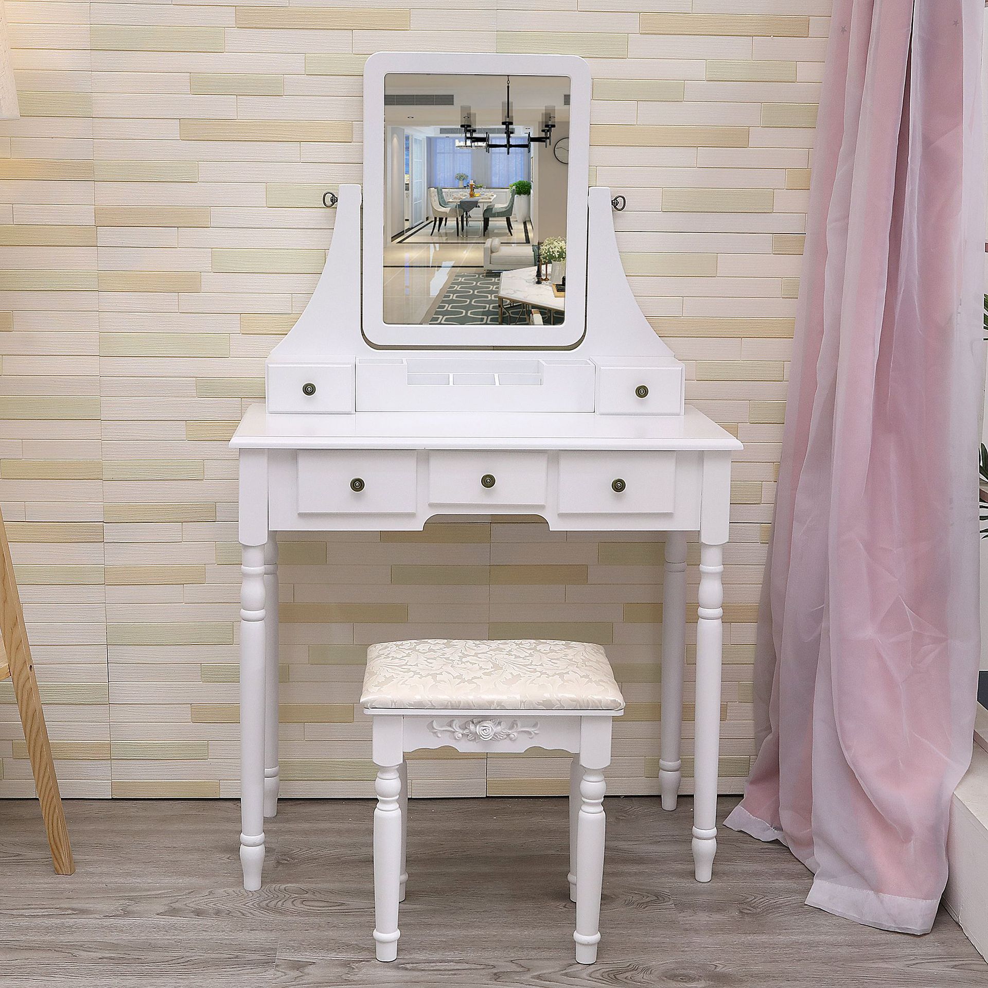 欧式实木罗马柱腿多抽梳妆台轻奢白色卧室小户型方镜化妆桌梳妆登