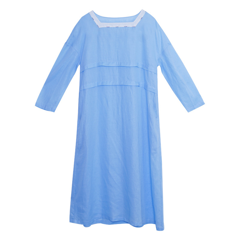 阿元款连衣裙天蓝色亚麻拼接一字船领宽松收腰长裙春