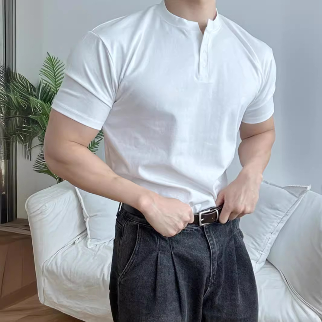 美式复古重磅短袖t恤男polo衫成熟稳重健身性张力穿搭硬汉亨利衫