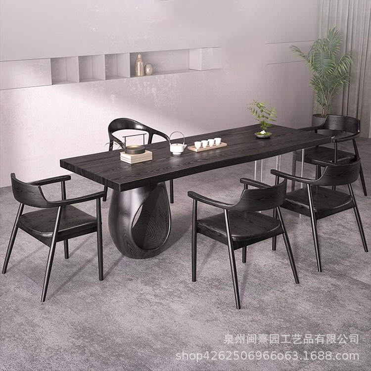 侘寂风实木大板茶台茶桌椅组合碳化黑色现代亚克力接待泡茶长桌子