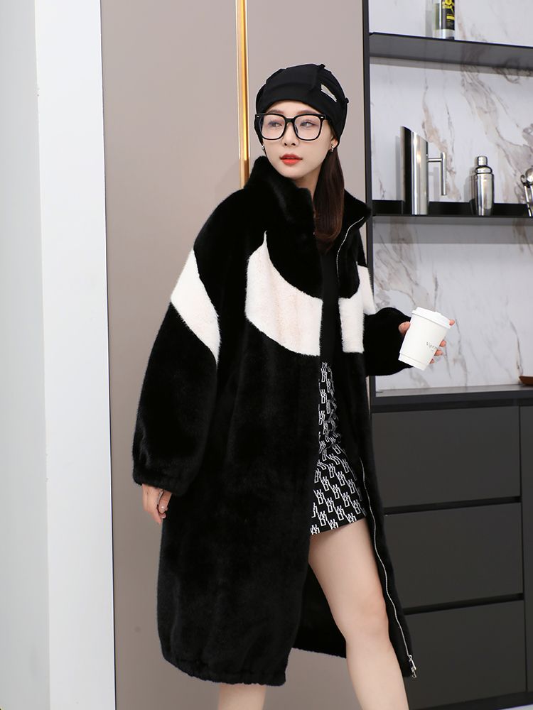 冬季新款欧貂宽松加厚保暖拼接撞色米兰貂大衣过膝长款仿皮草外套