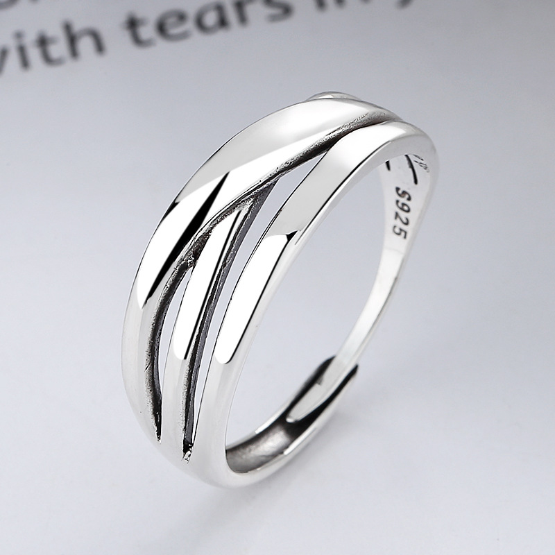 云潮轩s925纯银日韩简约光面线条重叠纹路潮流百搭冷淡风开口戒指