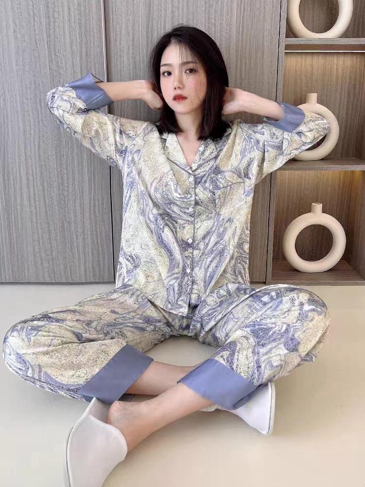 2023 New Spring and Autumn Ice Silk Pajamas Women's Water Light Pattern High-Grade Korean Style Outerwear Homewear Suit
