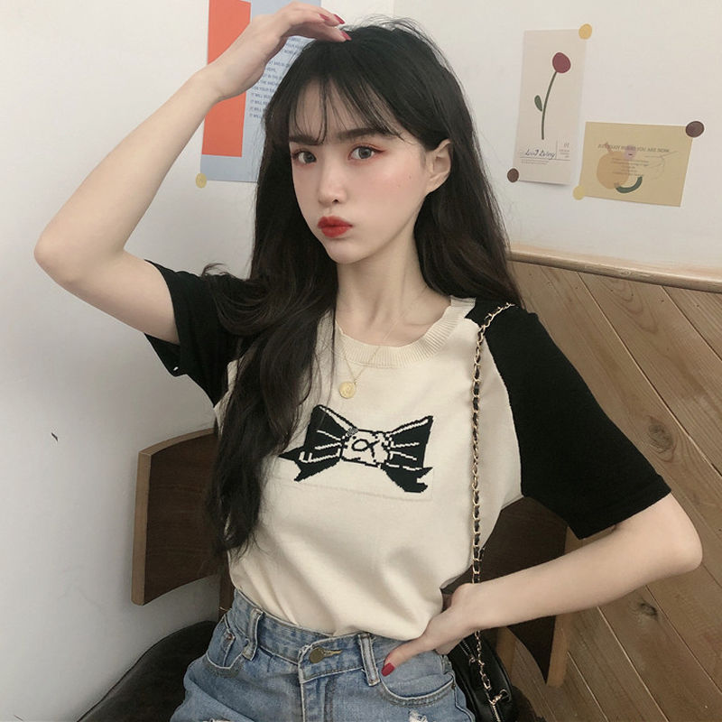 网红蝴蝶结提花拼色短袖t恤女夏季2022韩版百搭修身显瘦针织上衣