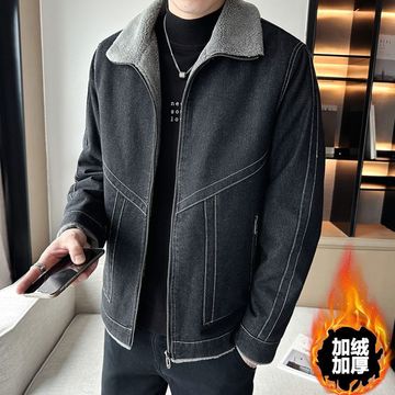 冬季牛仔外套男加绒加厚潮牌潮流修身翻领夹克棉衣痞帅男装设计感
