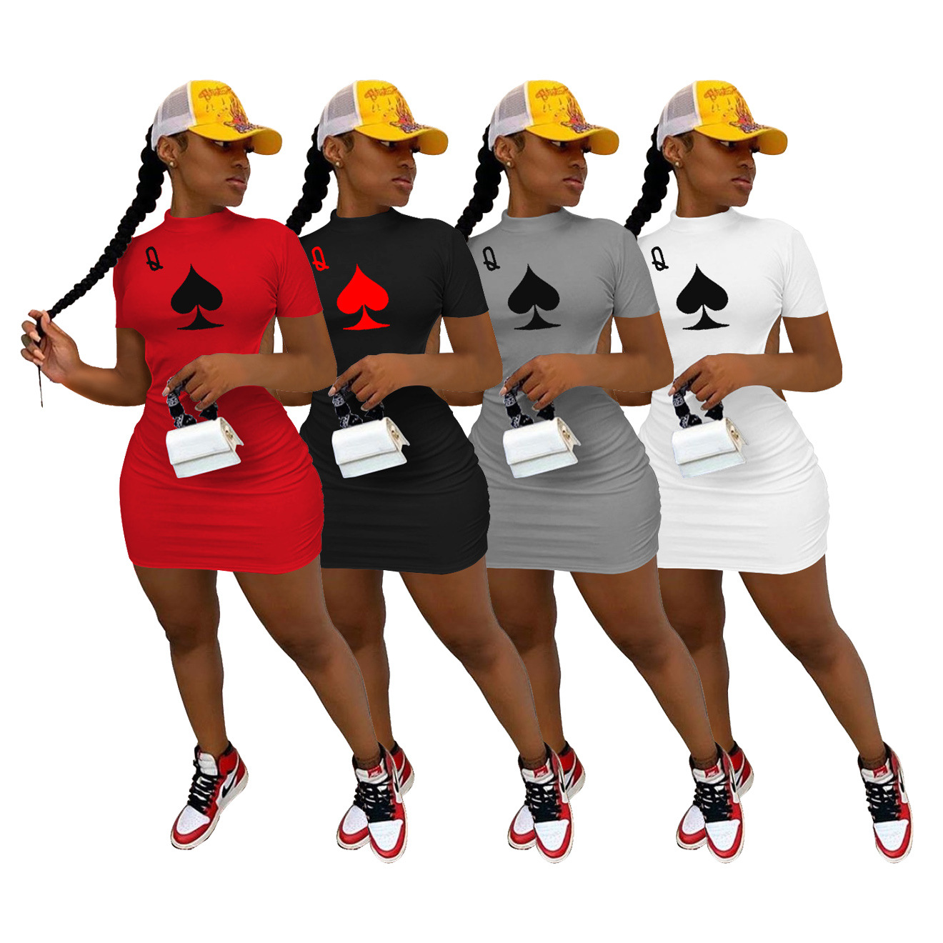j10019欧美女装q女王黑桃印花连衣裙扑克牌元素露背短袖连衣裙女