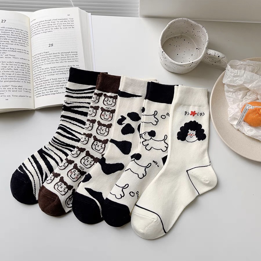 Socks Female Ins Fashion Cartoon Creative Couple Mid-Calf Stocks Korean Cute Spring, Autumn and Summer Zebra Cow Puppy Long Socks