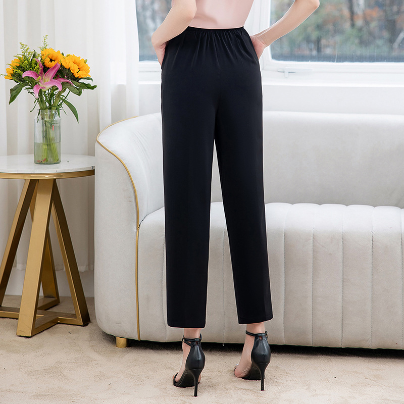 Middle-Aged Female Mother High Waist Pants Slim Ice Silk Straight-Leg Trousers 2023 Summer New Loose Western Style Cropped Pants