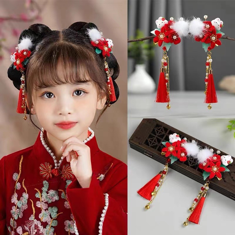 汉服女童铃铛花朵发卡新年头饰古风发夹毛球流苏对夹可爱兔子发饰