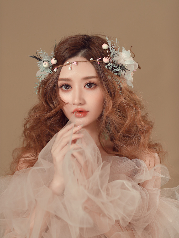 新款新娘花环耳环套装森系超仙唯美发箍手工藤条绢纱旅游纪念头饰