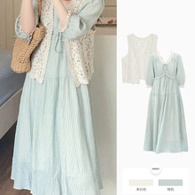 大码女装夏季套装女2024新款韩系高级感镂空开衫蓝色连衣裙两件芒