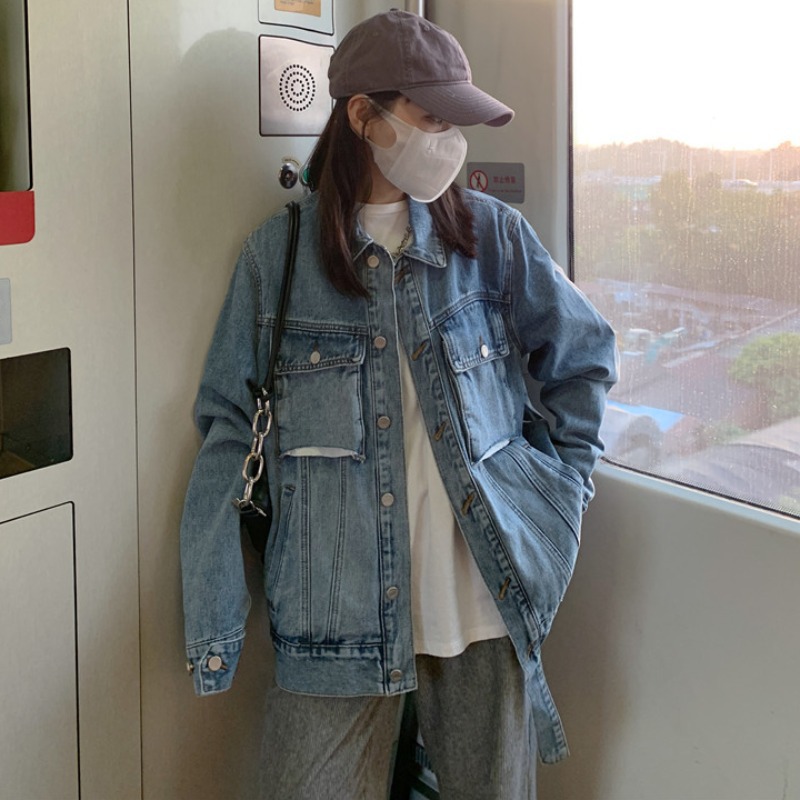 200斤胖mm春秋学院风百搭休闲牛仔上衣女韩版大码宽松翻领外套潮