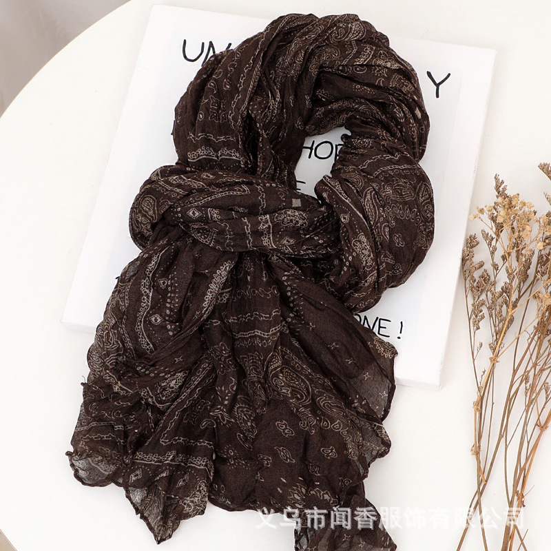 Ethnic Style Cashew Printed Pleated Cotton and Linen Scarf Scarf Women's All-Match Cold Protection in Autumn and Winter Warm Scarf Outer Shawl