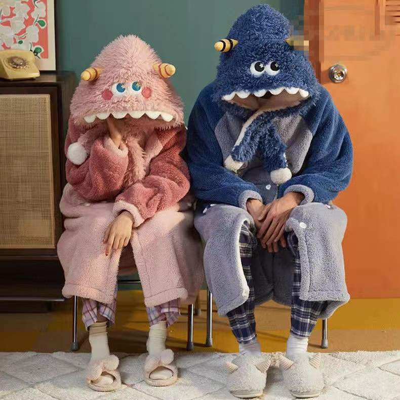 大耳可爱狗睡袍冬季长款加厚加绒珊瑚绒睡衣情侣搞笑小怪兽家居服