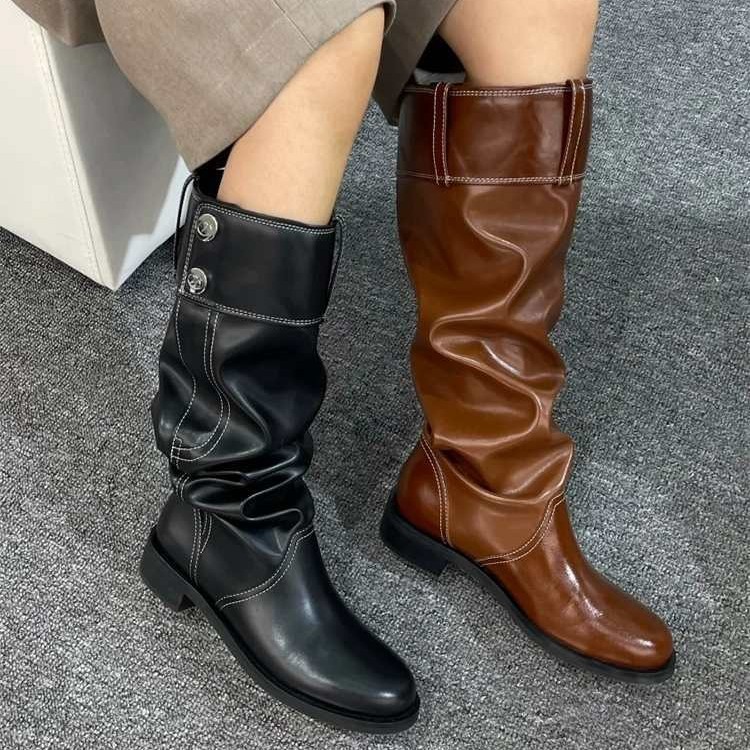 2025新款欧美圆头低跟长靴骑士靴时尚潮流女靴设计感