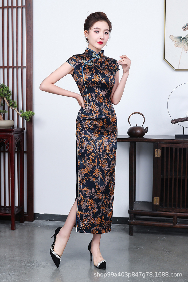 2021新款气质连衣裙女真丝长旗袍复古修身中国风演出活动礼服