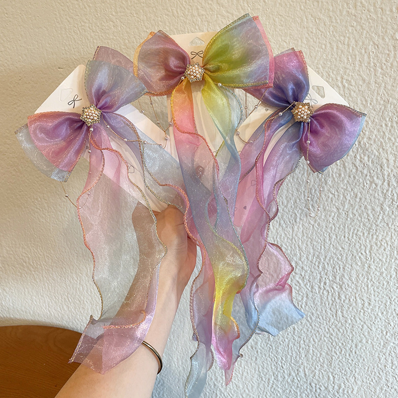 儿童蝴蝶结发带编发发夹小女孩公主长飘带女童绑发珍珠流苏发饰品