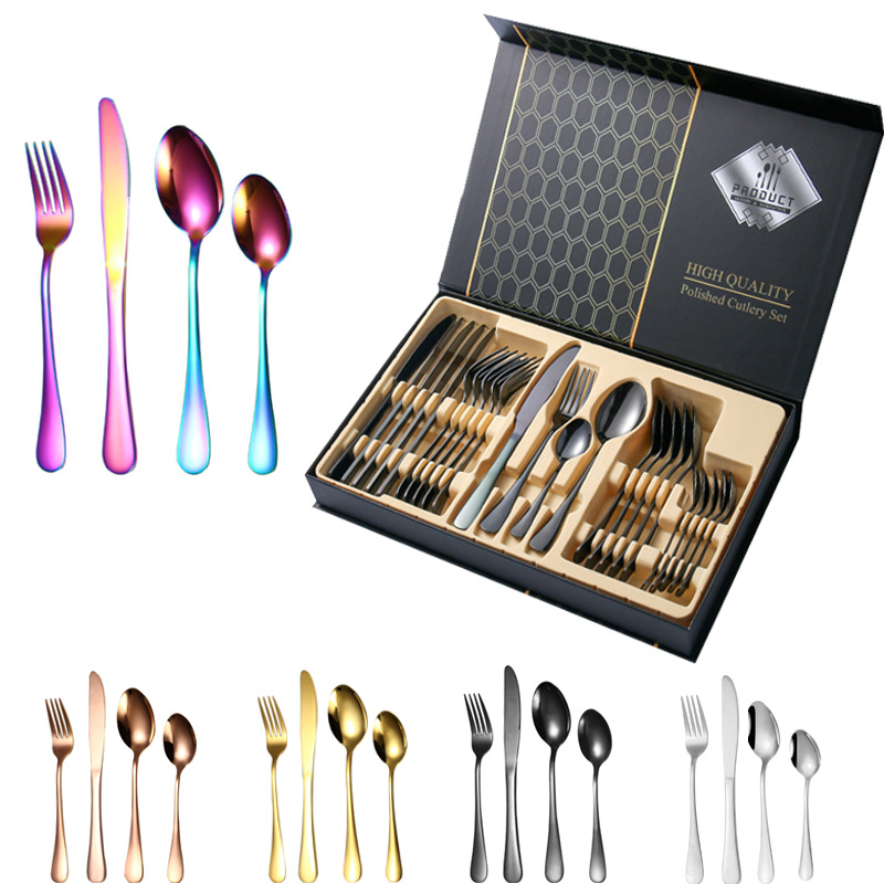 [huilin] 24-piece set of stainless steel kitchen tableware golden western food/steak knife， fork and spoon gift set