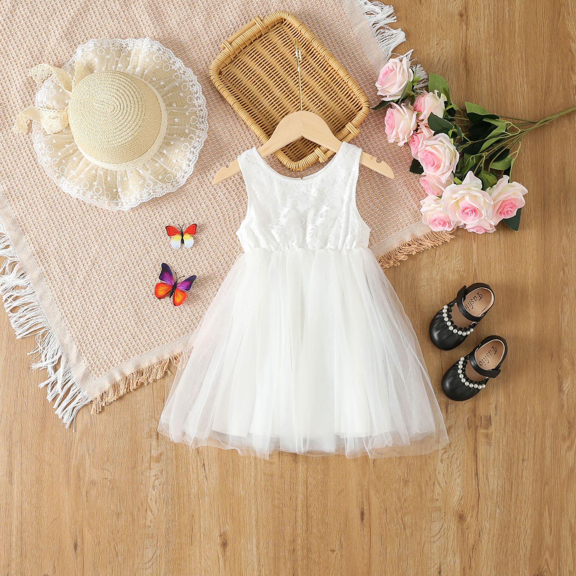 kids dress跨境外贸童装新款女童纯色网纱裙中小童夏季背带连衣裙