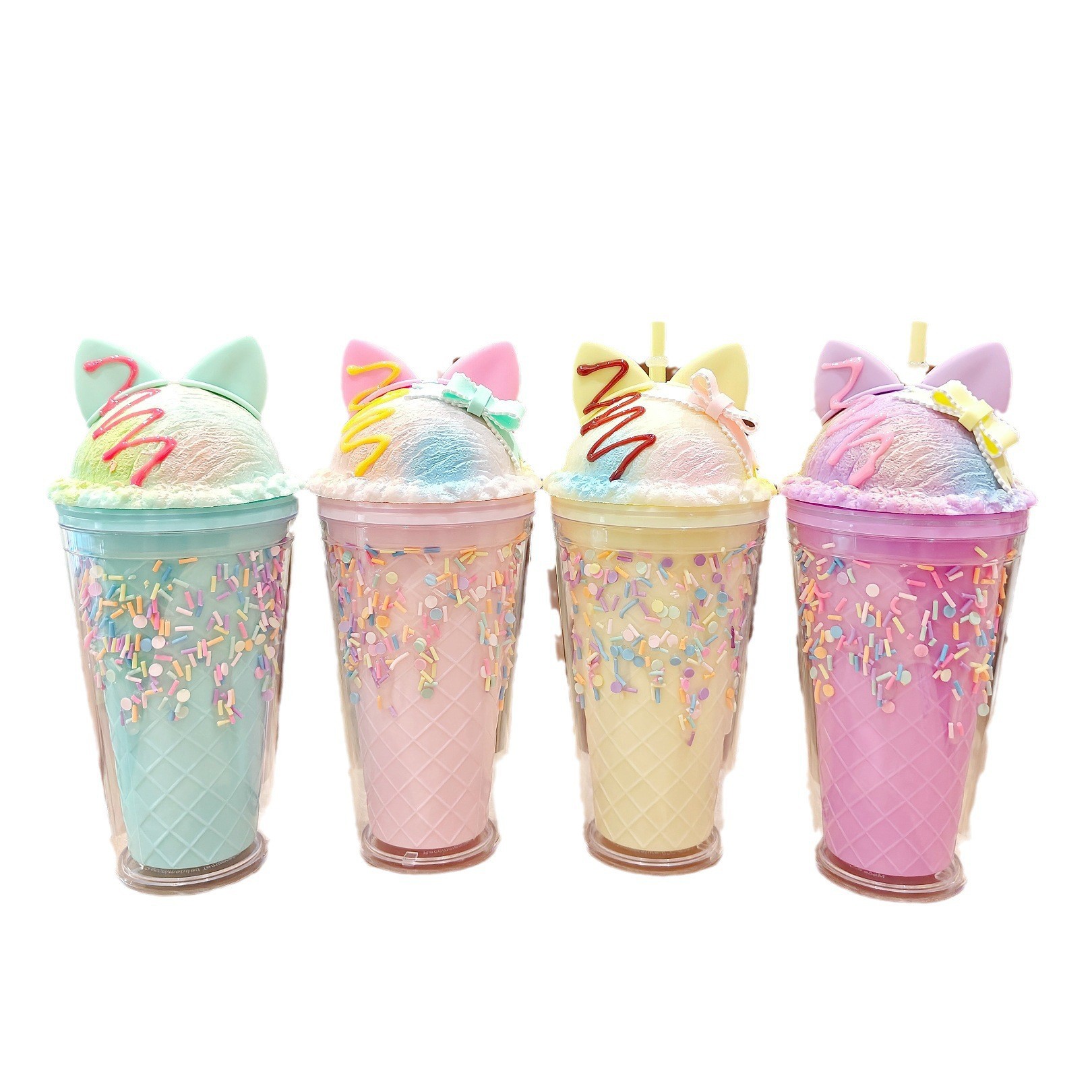 Cute Cat Cover Cup with Straw Good-looking Girl Drinking Glass Summer Cool Double-Layer Plastic Cup Boutique Gift Cup