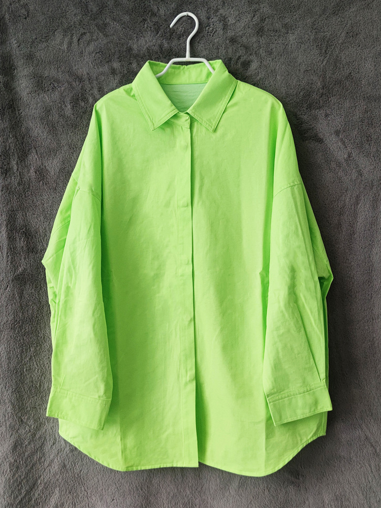 沈梦辰明星同款2021新款荧光粉宽松落肩袖长袖廓形衬衫外套女上衣