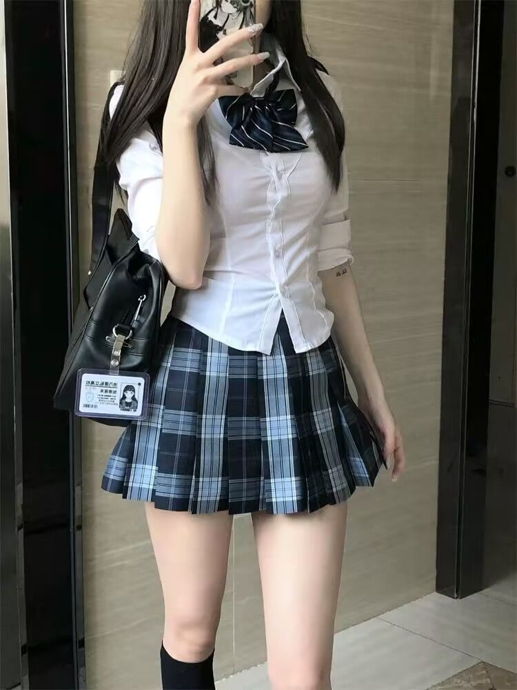 原创日系jk制服裙收腰衬衫高腰百褶裙半身裙女校供感狗短格裙夏女